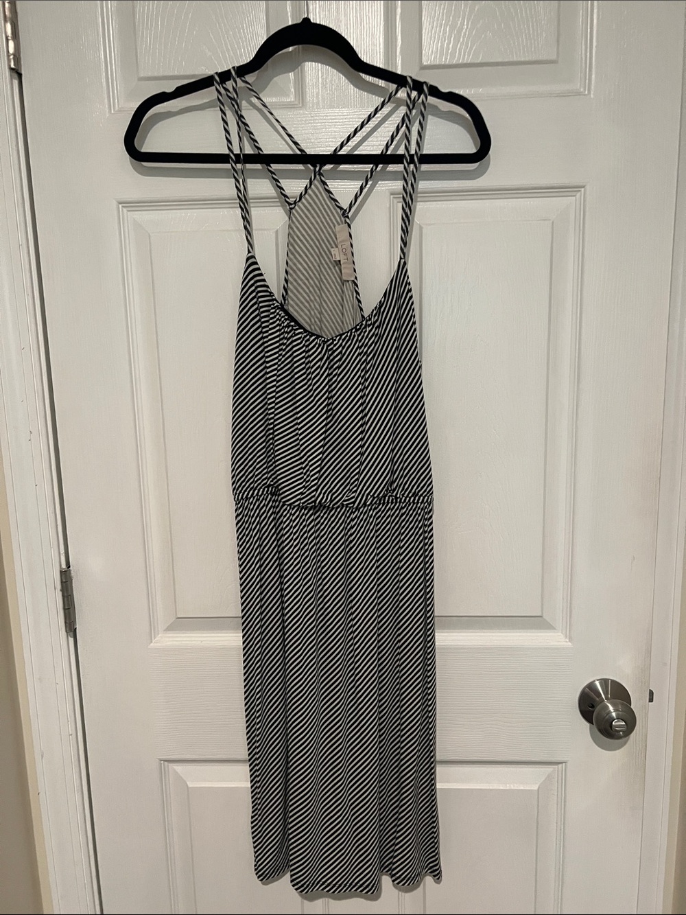 LOFT Black and White Striped Crisscross-Back Midi Dress